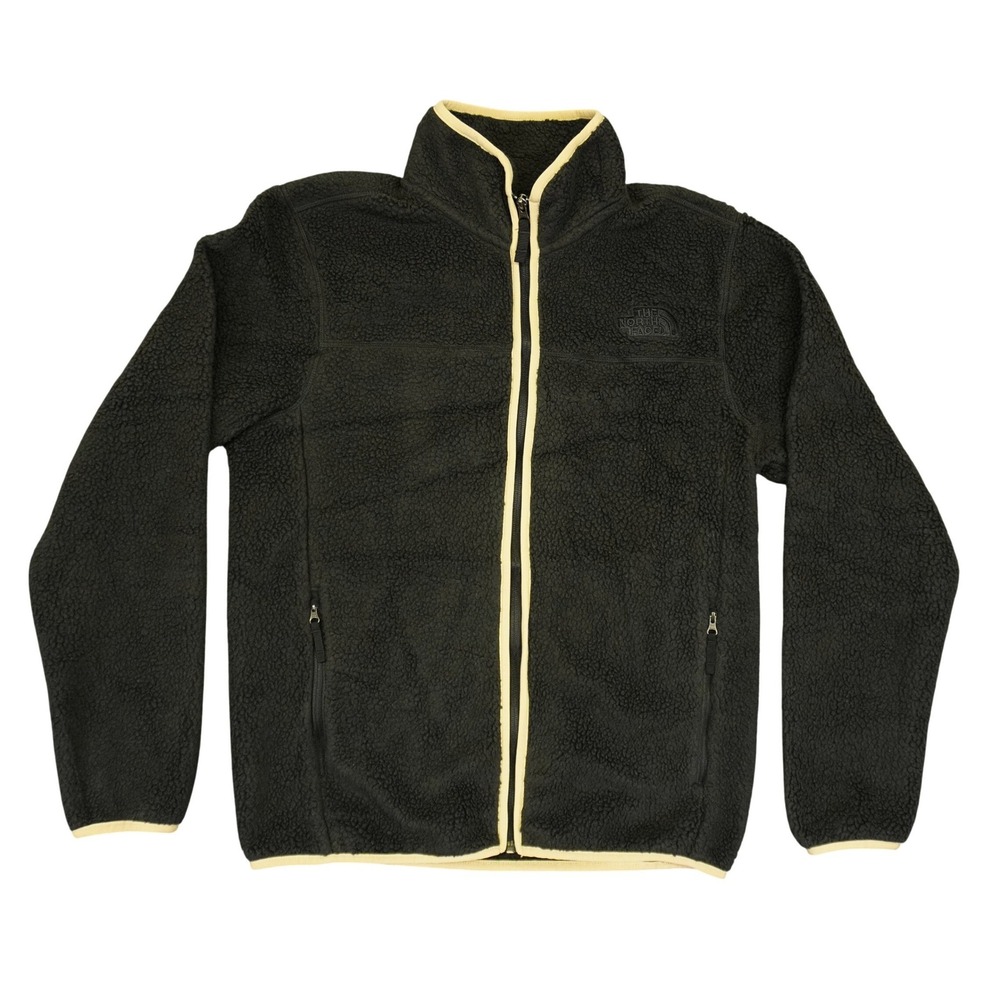 The North Face Fleece Jacket Mens Small Black Sherpa Full Zip Tan Trim Mock Neck
